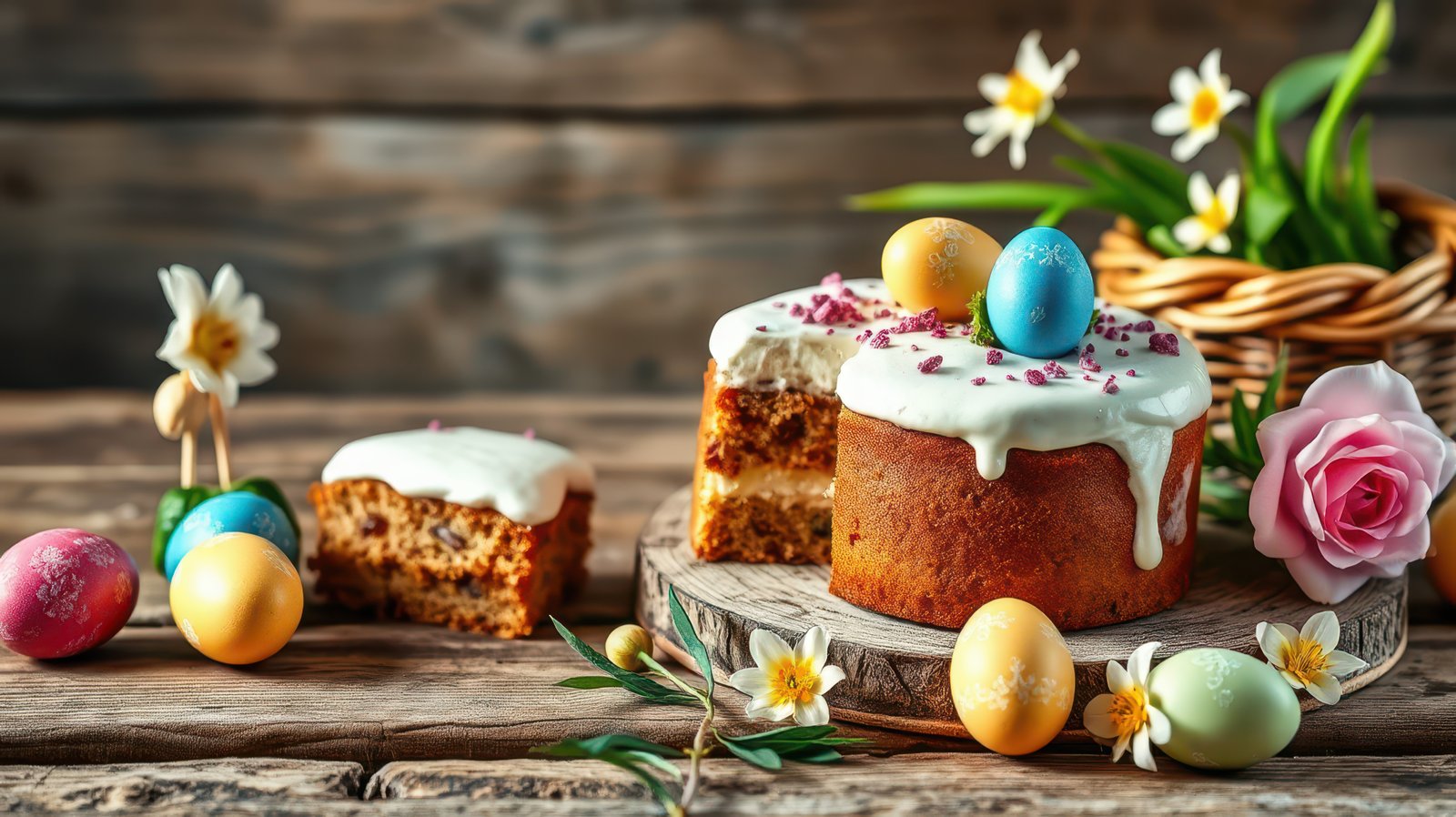 Decorating a rustic Easter cake with colorful eggs and flowers on a wooden table in a cozy setting